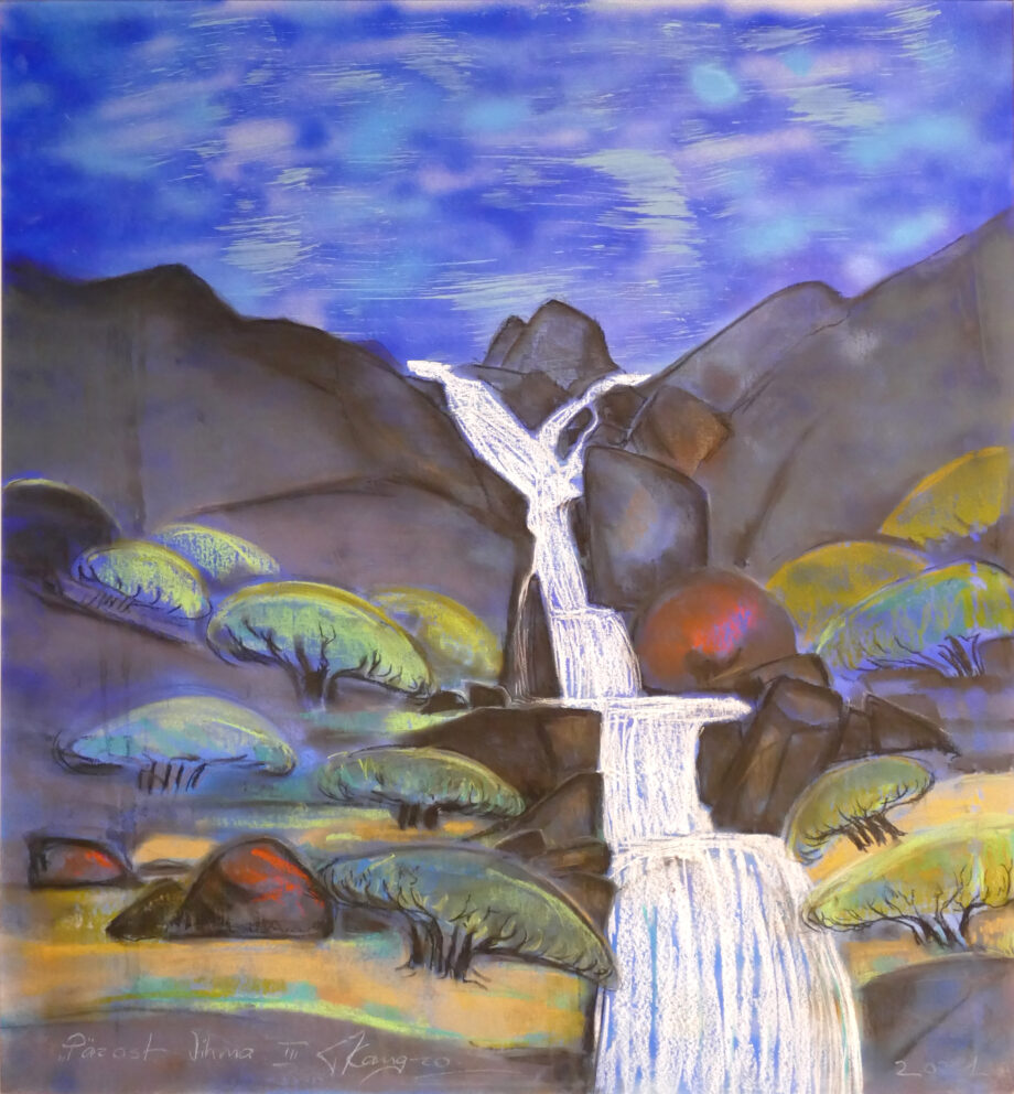 lagomera, forest, canaryislands, estonianartist, taunokangro, pastel, natureart, landscapes, mountains, water