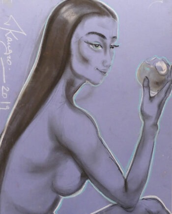 Tauno Kangro pastellmaal, akt naine , karmen õunaga, woman,nude,pastel painting , Osta taunokangro.com kunstipoest internetis.