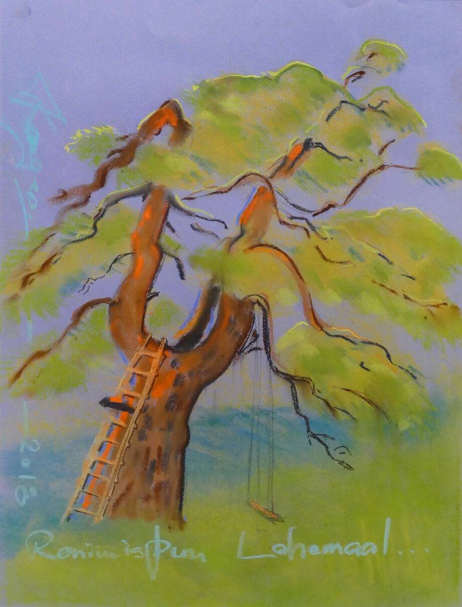Tauno Kangro pastellmaal, ronimispuu, climbing tree,Osta taunokangro.com kunstipoest internetis.
